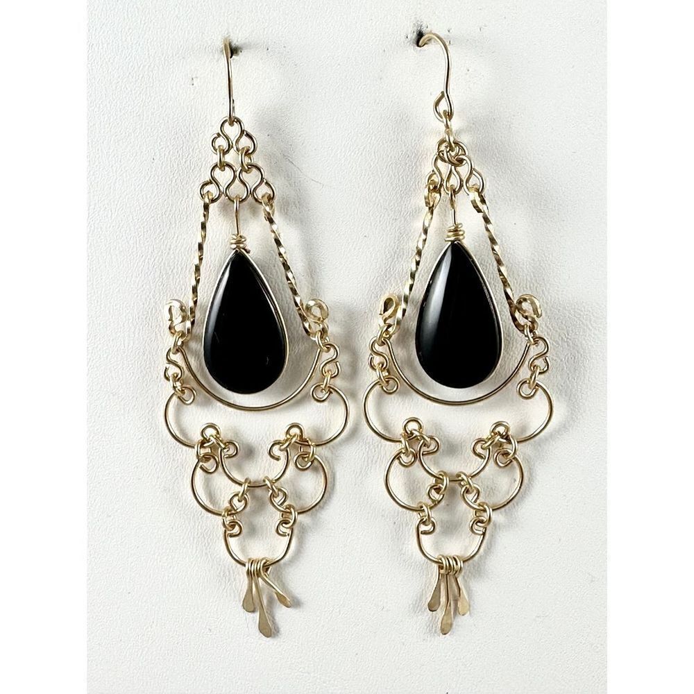Handmade Black Onyx 14K Gold Filled Wire Wrapped Cabochon Stone Dangling Chandel